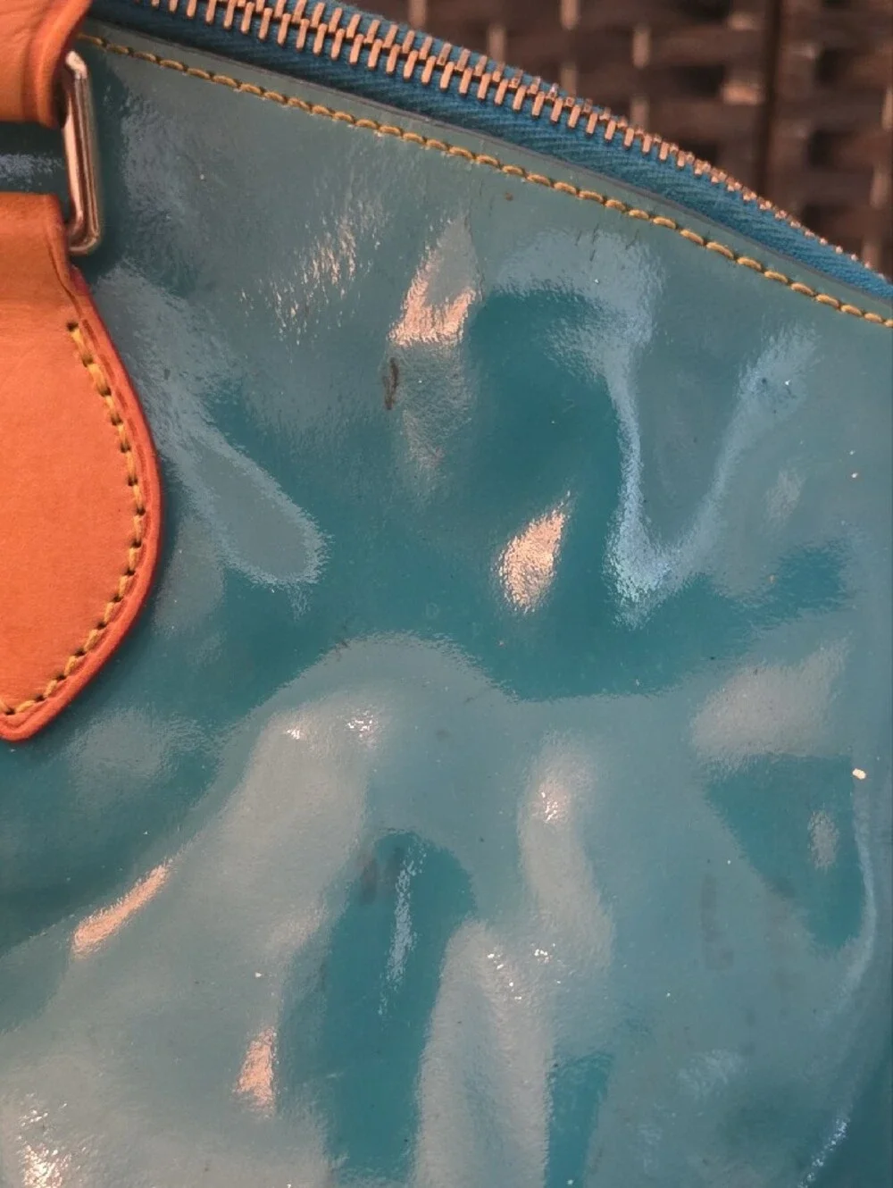 Dooney & Bourke Teal Patent Leather Zip Zip Domed Satchel Bag, Needs Cleaning